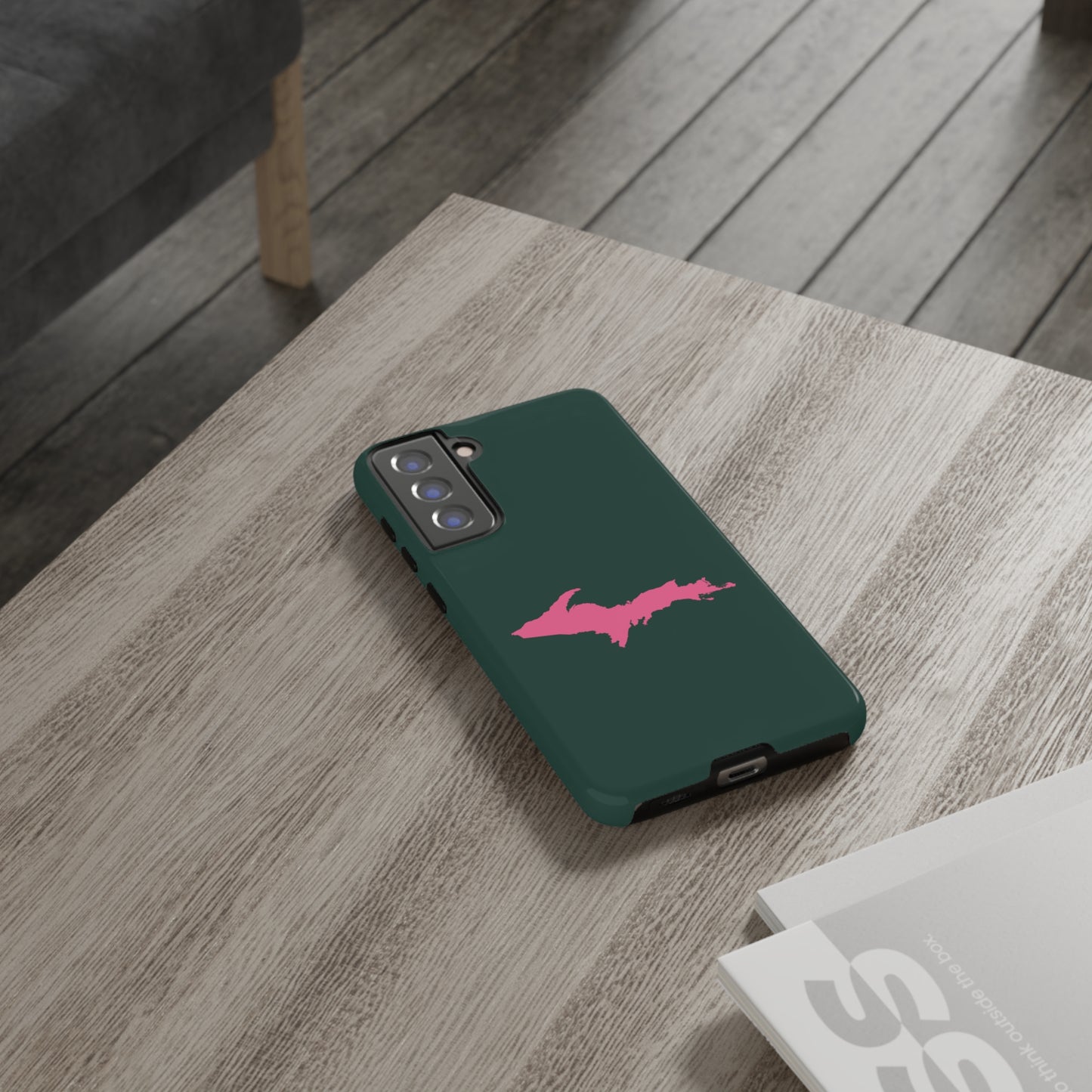 Michigan Upper Peninsula Tough Phone Case (Green w/ Pink UP Outline) | Samsung & Pixel Android