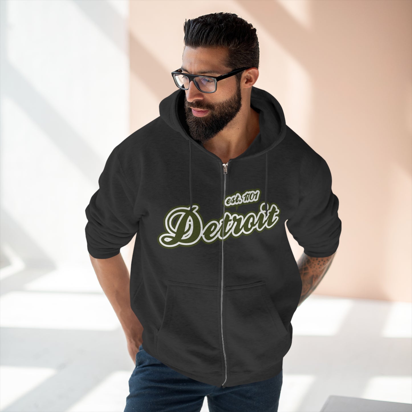 'Detroit EST 1701' Hoodie (Army Green Script Font) | Unisex Full Zip