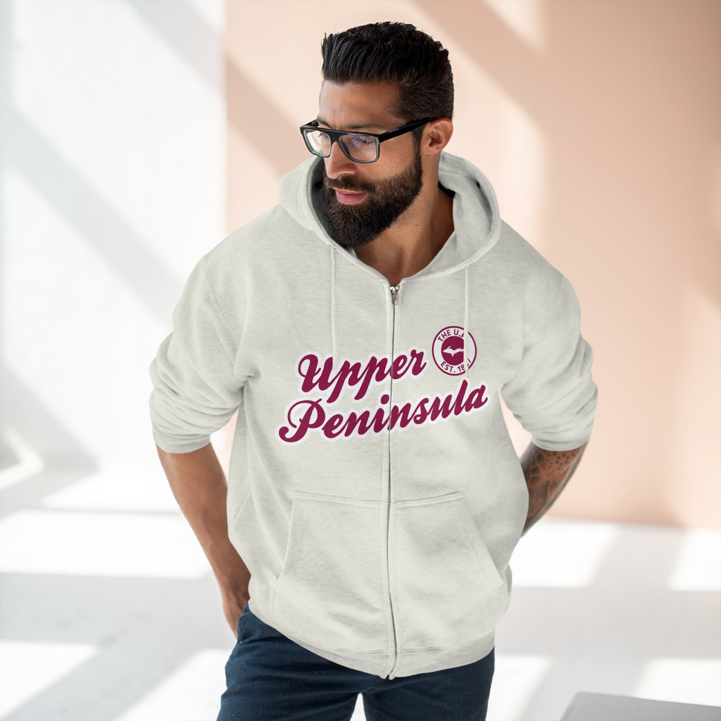 Upper Peninsula EST 1837' Hoodie (Ruby Red Script Font) | Unisex Full Zip