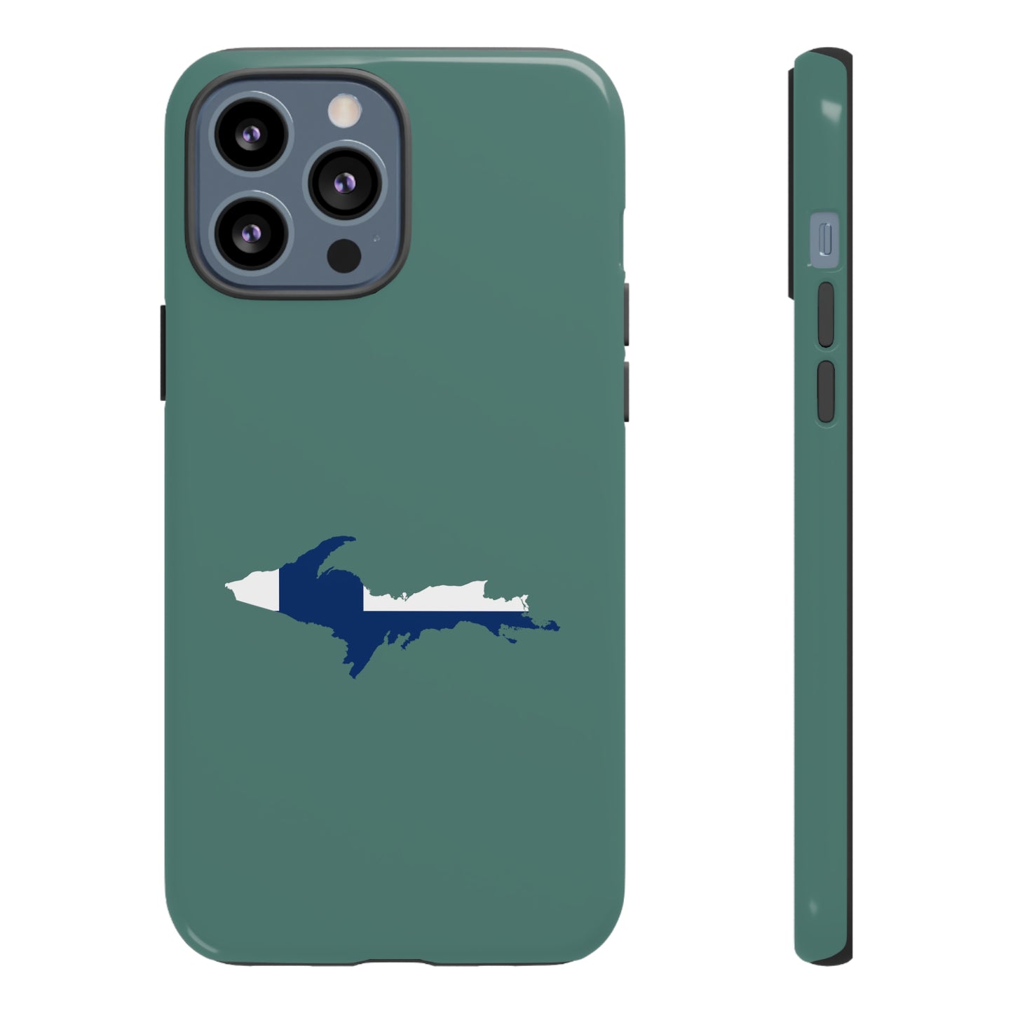 Michigan Upper Peninsula Tough Phone Case (Copper Green w/ UP Finland Flag Outline) | Apple iPhone