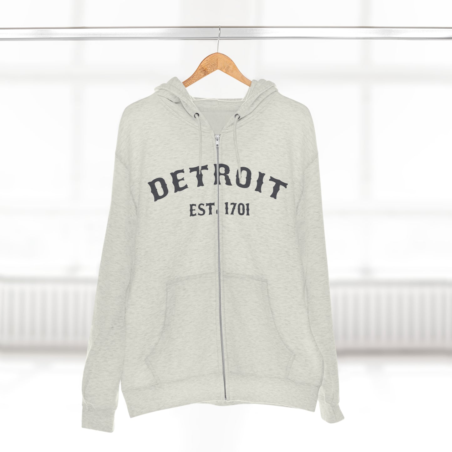 'Detroit EST. 1701' Hoodie (Iron Ore Grey Ballpark Font) | Unisex Full Zip