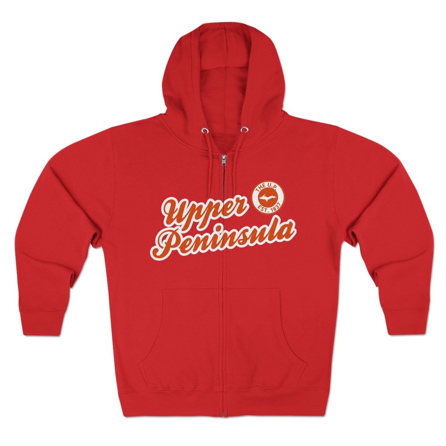 Upper Peninsula EST 1837' Hoodie (Maple Leaf Orange Script Font) | Unisex Full Zip