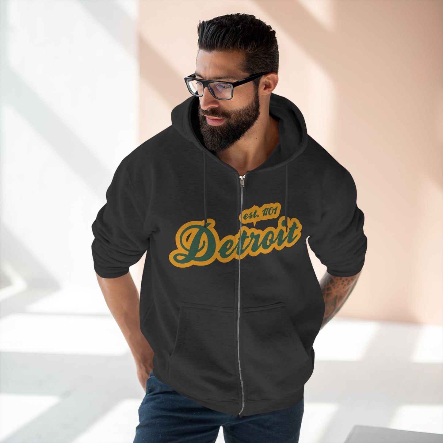 'Detroit EST 1701' Hoodie (Ginger Ale Green Script Font) | Unisex Full Zip