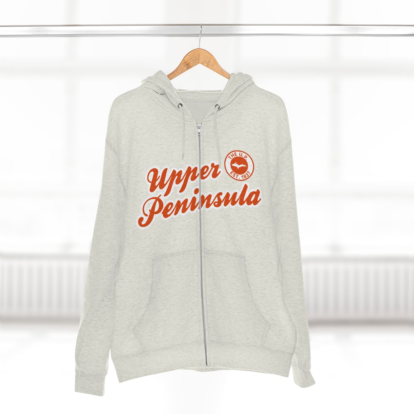 Upper Peninsula EST 1837' Hoodie (Maple Leaf Orange Script Font) | Unisex Full Zip