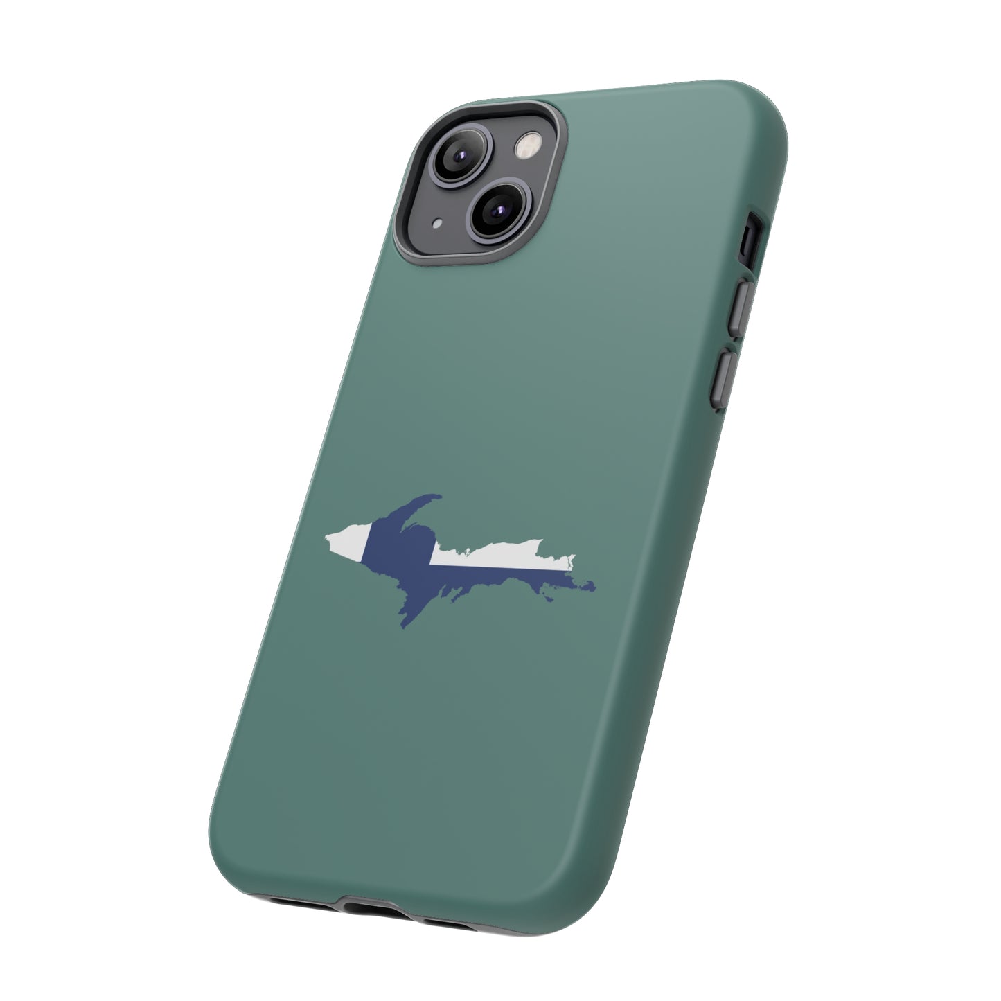 Michigan Upper Peninsula Tough Phone Case (Copper Green w/ UP Finland Flag Outline) | Apple iPhone