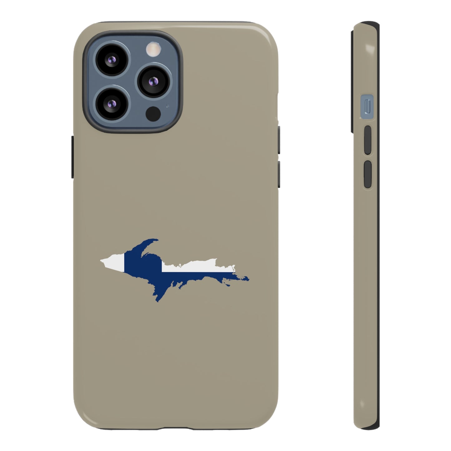 Michigan Upper Peninsula Tough Phone Case (Petoskey Stone Beige w/ UP Finland Flag Outline) | Apple iPhone