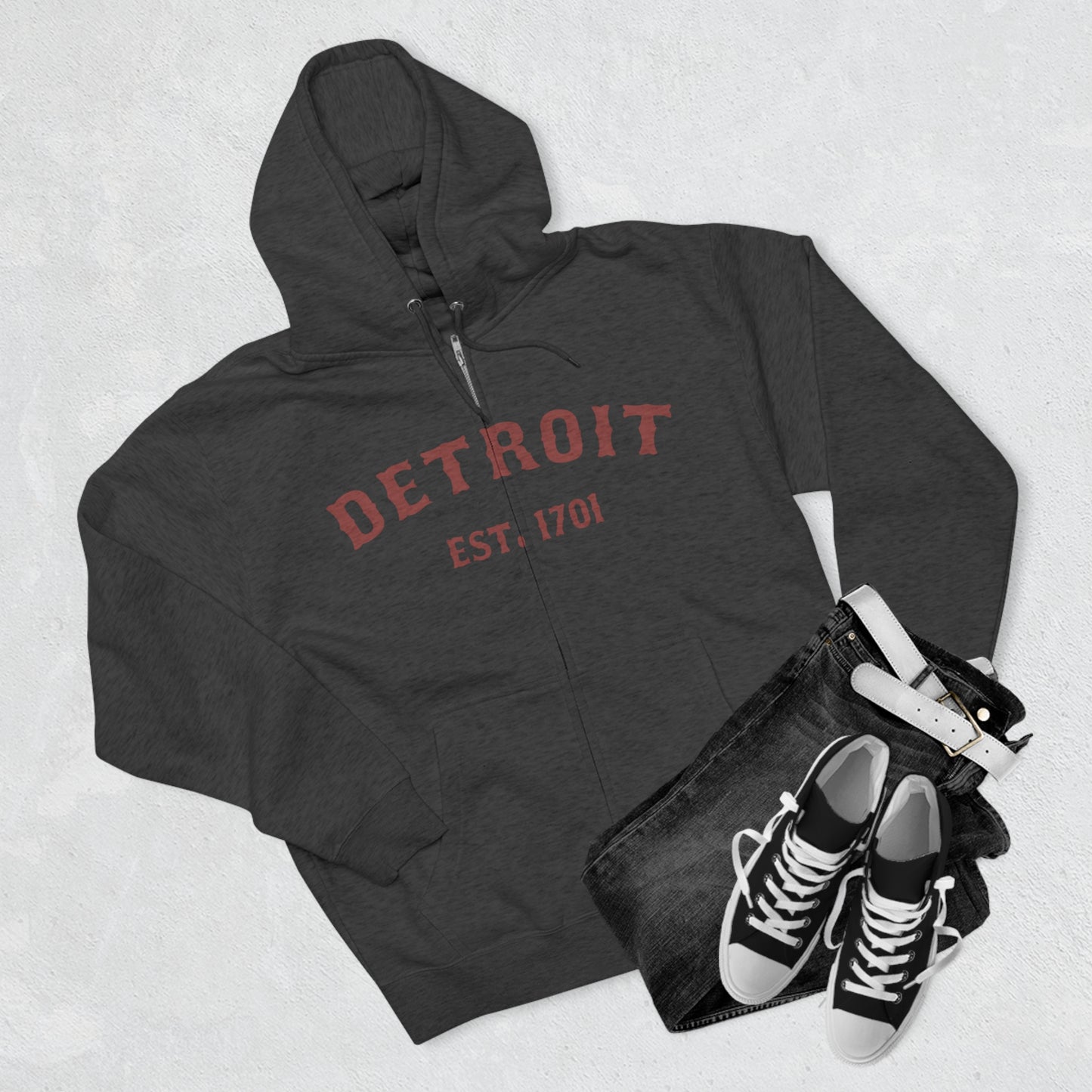 'Detroit EST. 1701' Hoodie (Ore Dock Red Ballpark Font) | Unisex Full Zip