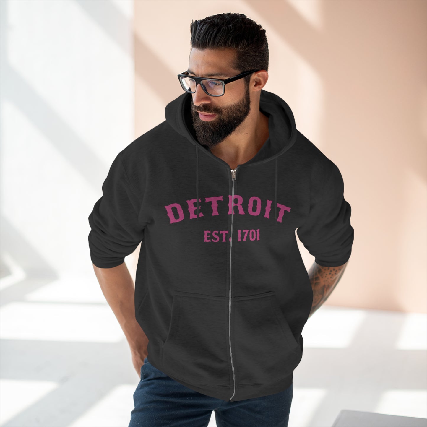 'Detroit EST. 1701' Hoodie (Apple Blossom Pink Ballpark Font) | Unisex Full Zip