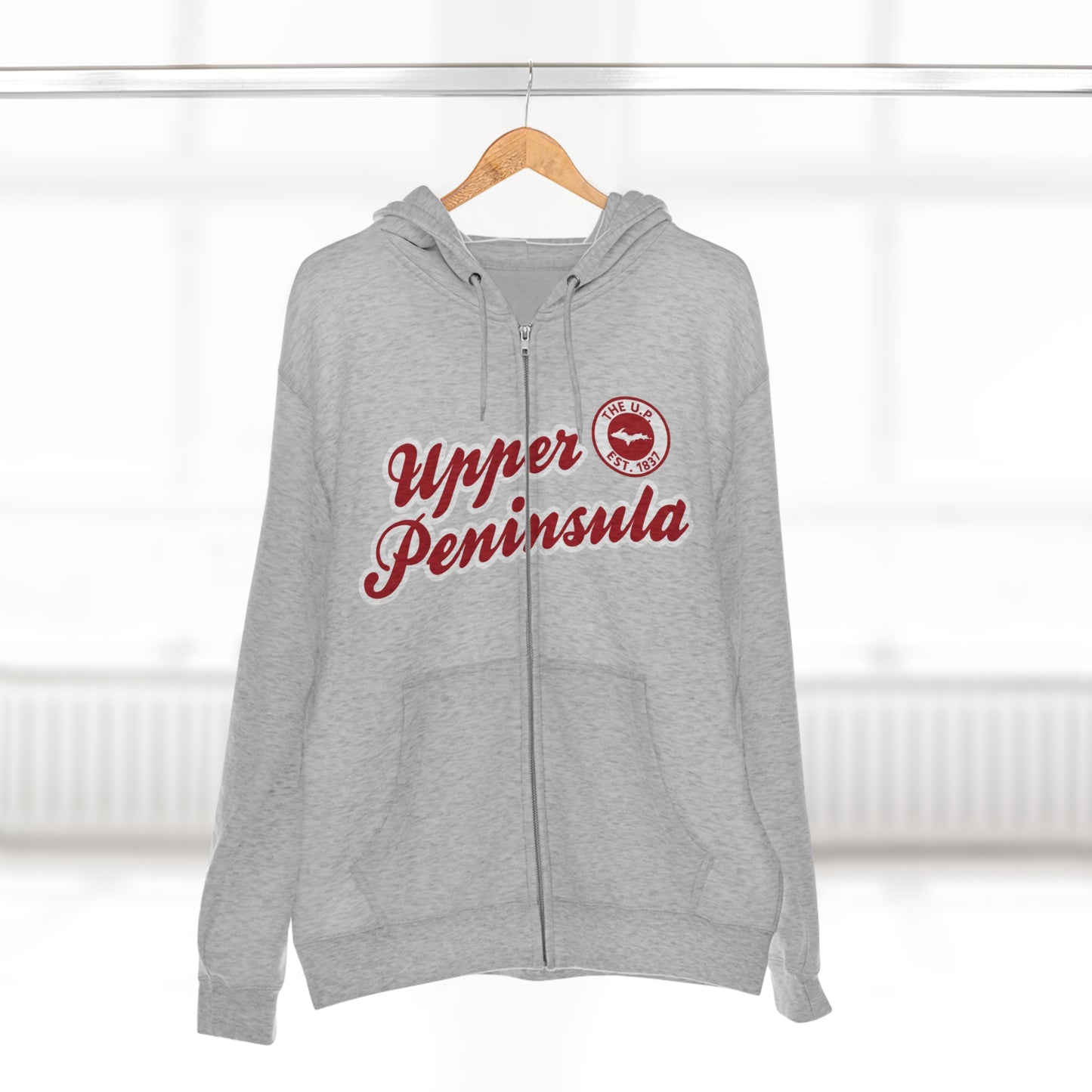 'Upper Peninsula EST 1837' Hoodie (Thimbleberry Red Script Font) | Unisex Full Zip