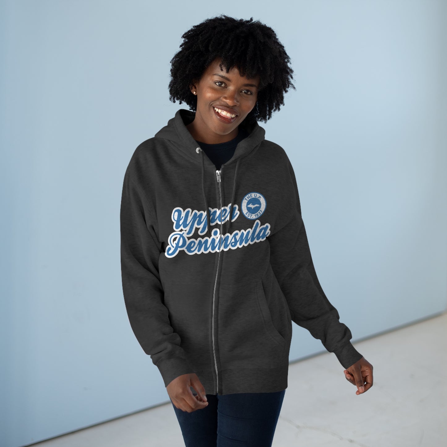 Upper Peninsula EST 1837' Hoodie (Lake Superior Blue Script Font) | Unisex Full Zip