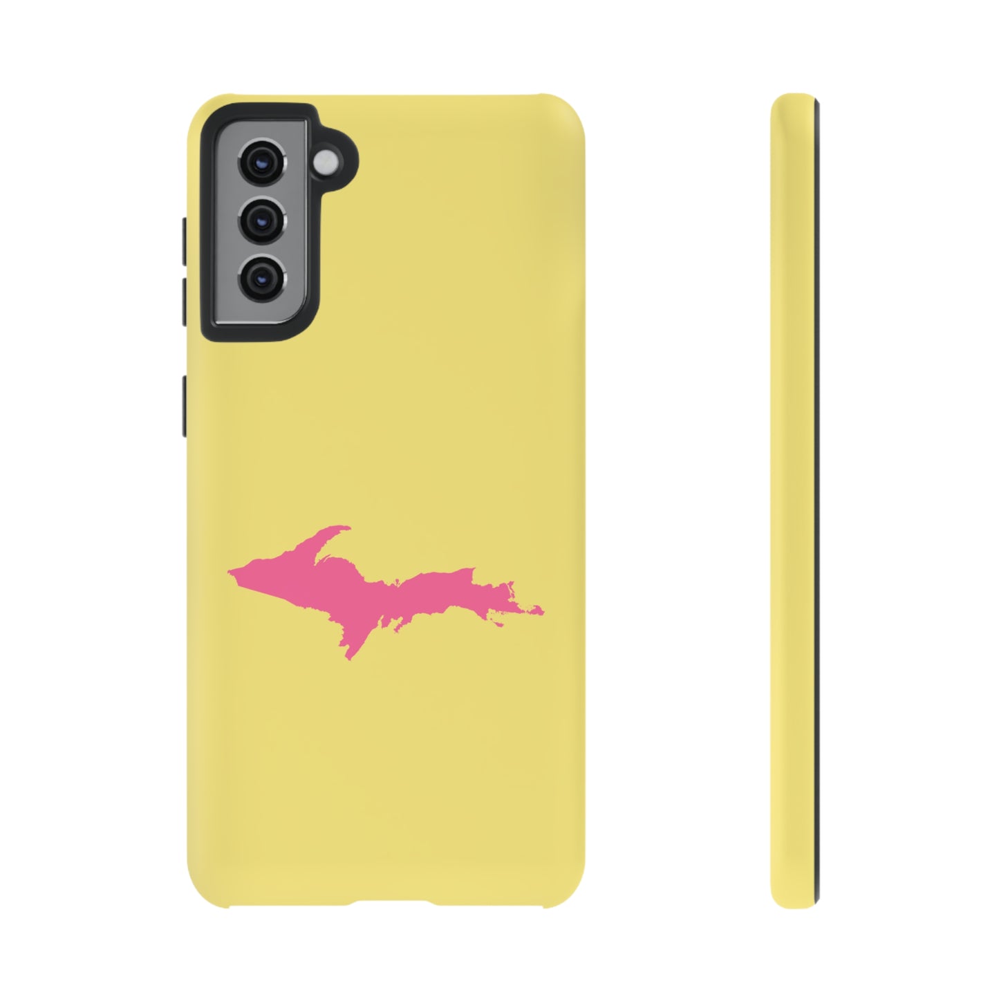 Michigan Upper Peninsula Tough Phone Case (Yellow Cherry Color w/ Pink UP Outline) | Samsung & Pixel Android