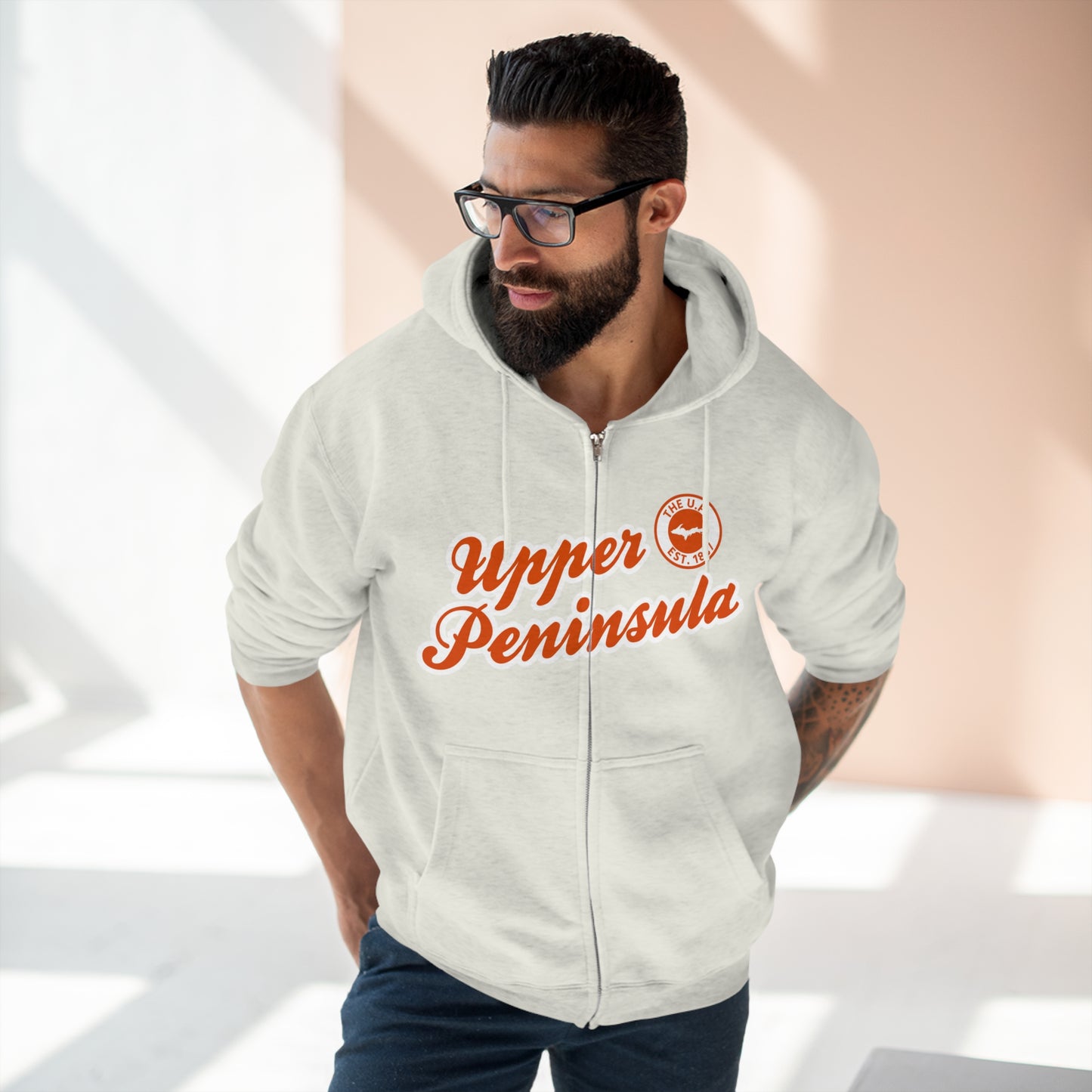 Upper Peninsula EST 1837' Hoodie (Maple Leaf Orange Script Font) | Unisex Full Zip