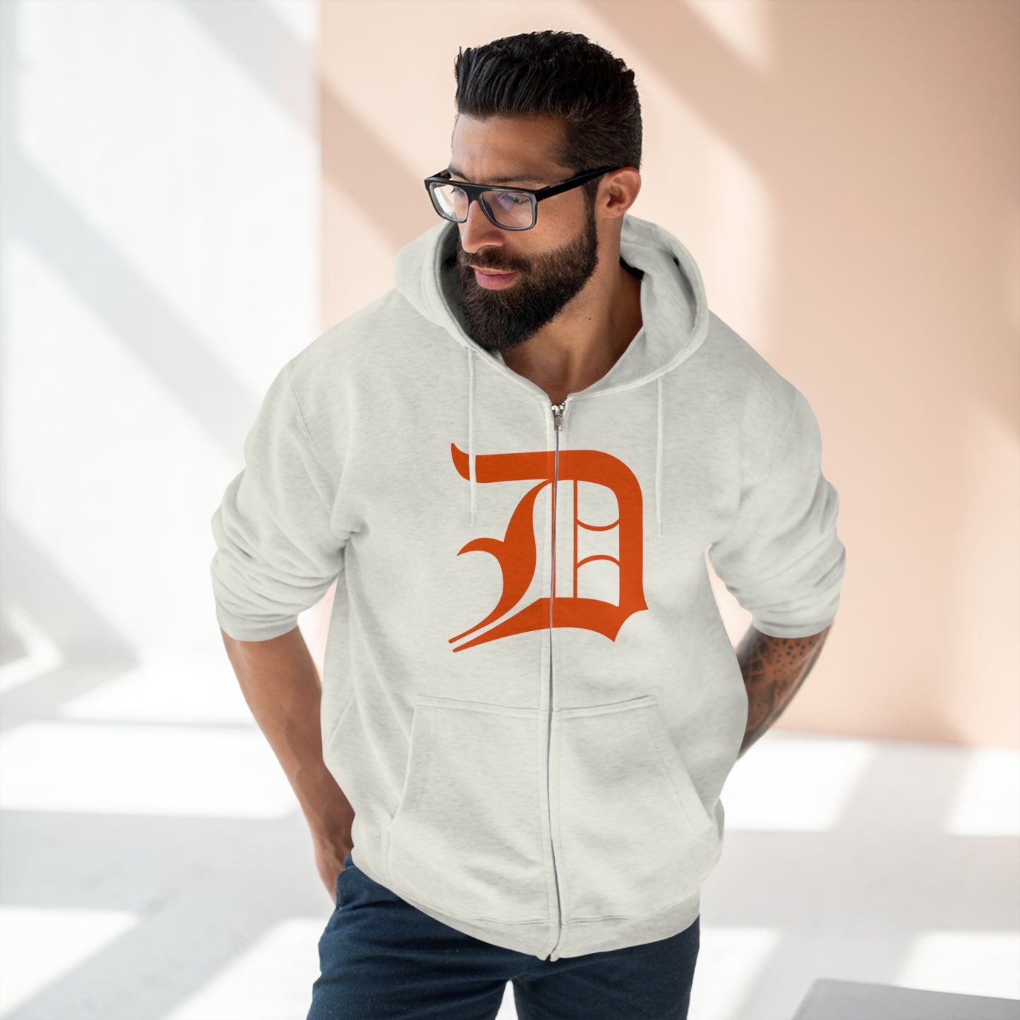 Detroit 'Old English D' Hoodie (Full-Body Maple Leaf Orange) | Unisex Full Zip