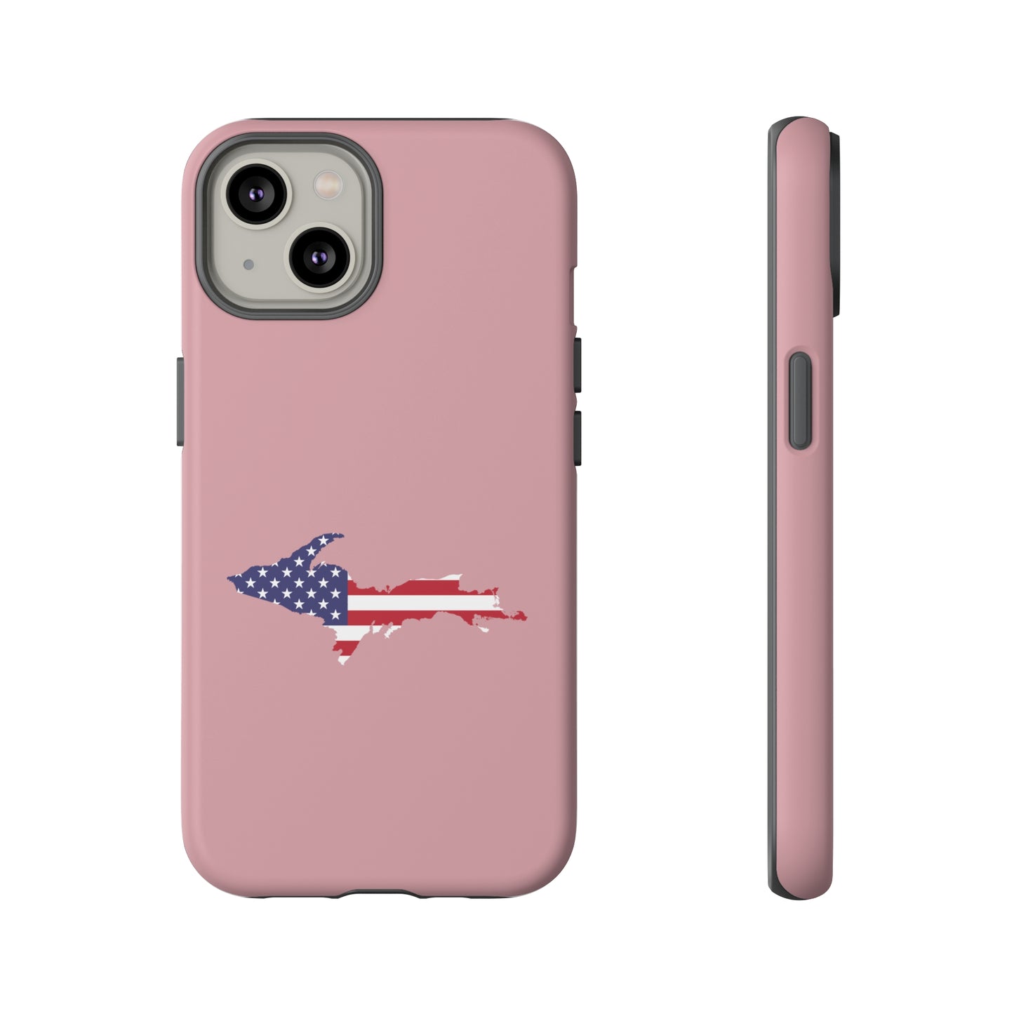 Michigan Upper Peninsula Tough Phone Case (Cherry Blossom Pink w/ UP USA Flag Outline) | Apple iPhone