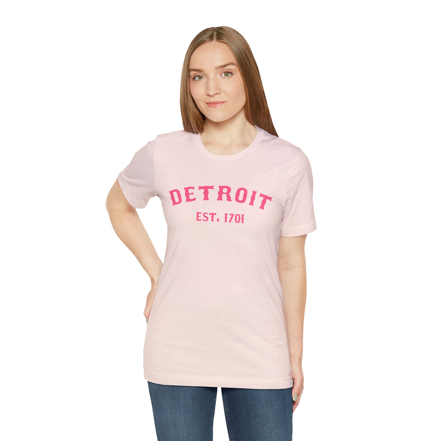 'Detroit EST. 1701' T-Shirt (Rhodochrosite Pink Ballpark Font) | Unisex Standard