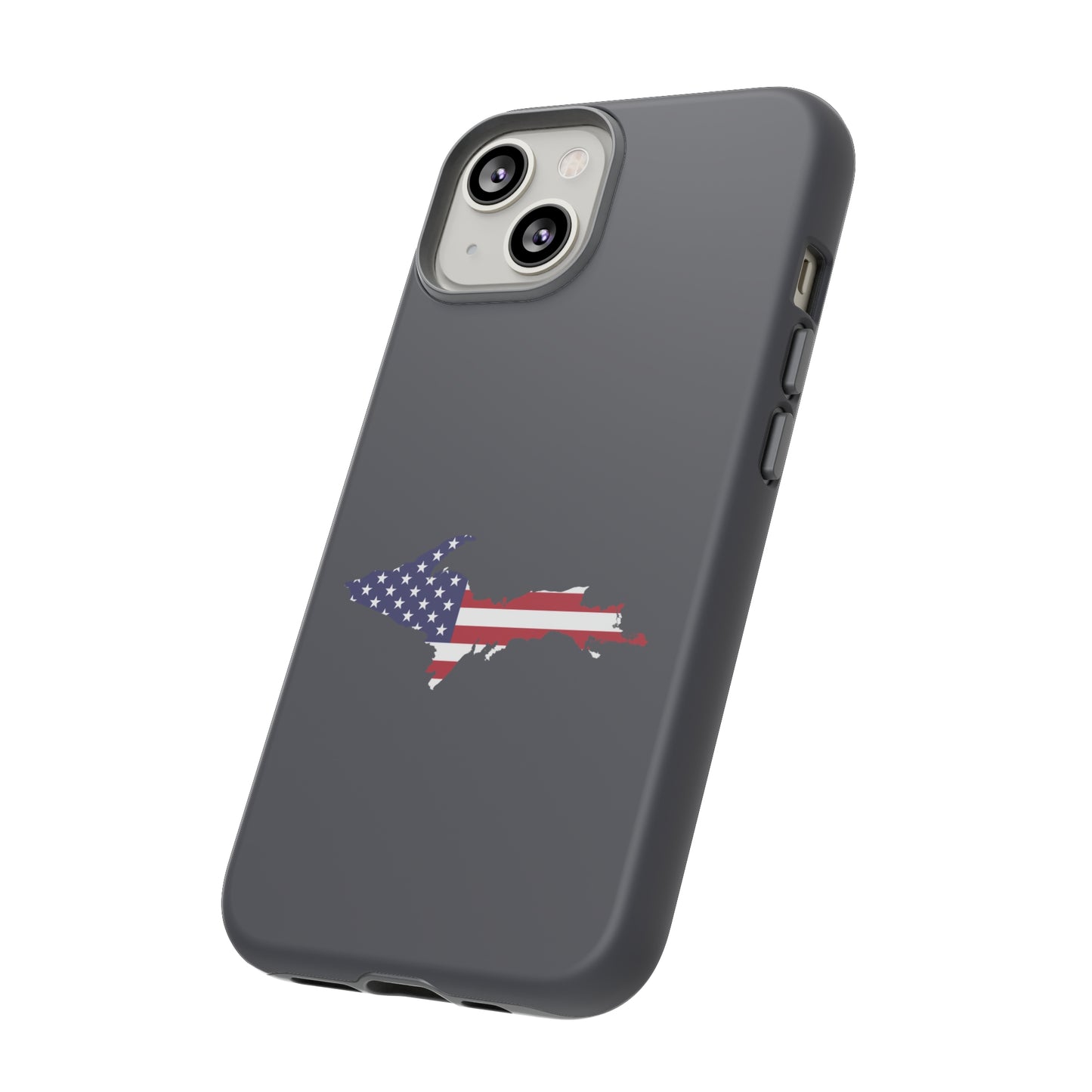 Michigan Upper Peninsula Tough Phone Case (Iron Ore Grey w/ UP USA Flag Outline) | Apple iPhone