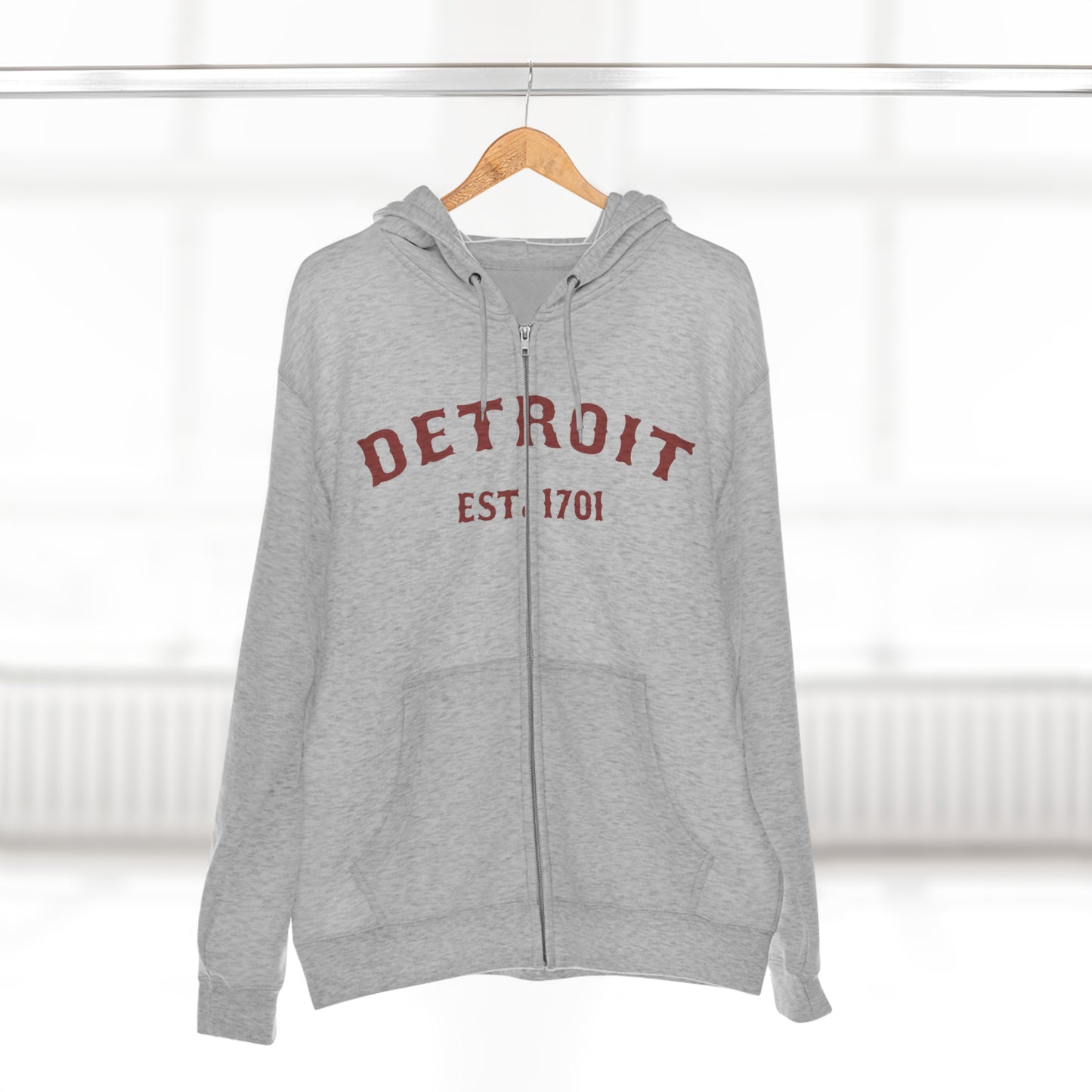 'Detroit EST. 1701' Hoodie (Ore Dock Red Ballpark Font) | Unisex Full Zip