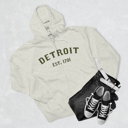 'Detroit EST. 1701' Hoodie (Army Green Ballpark Font) | Unisex Full Zip