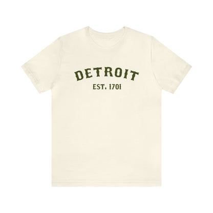 'Detroit EST. 1701' T-Shirt (Army Green Ballpark Font) | Unisex Standard