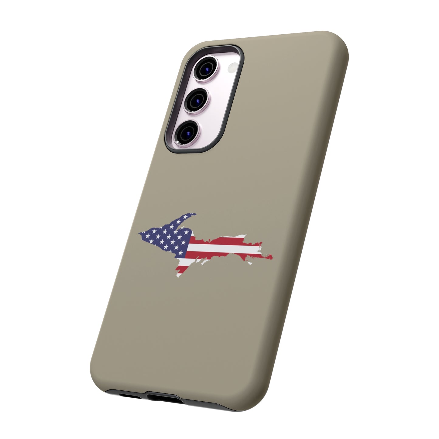 Michigan Upper Peninsula Tough Phone Case (Petoskey Stone Beige w/ UP USA Flag Outline) | Samsung & Pixel Android