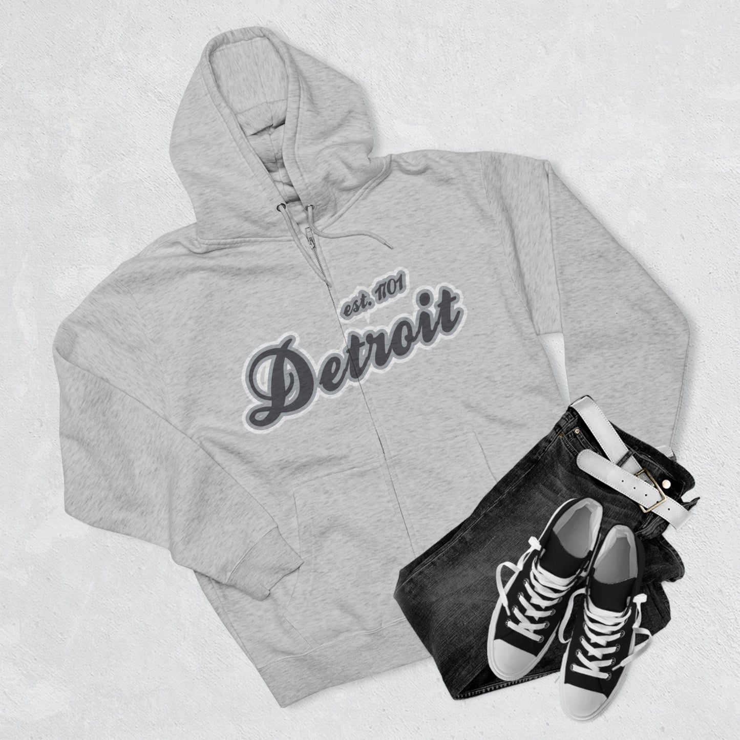 'Detroit EST 1701' Hoodie (Iron Ore Grey Script Font) | Unisex Full Zip