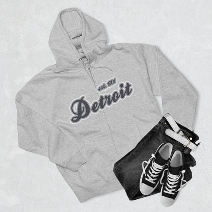 'Detroit EST 1701' Hoodie (Iron Ore Grey Script Font) | Unisex Full Zip