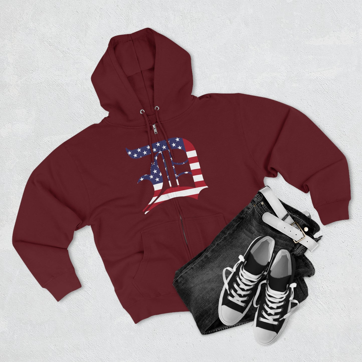 Detroit 'Old English D' Hoodie (Full-Body Patriotic Edition) | Unisex Full Zip