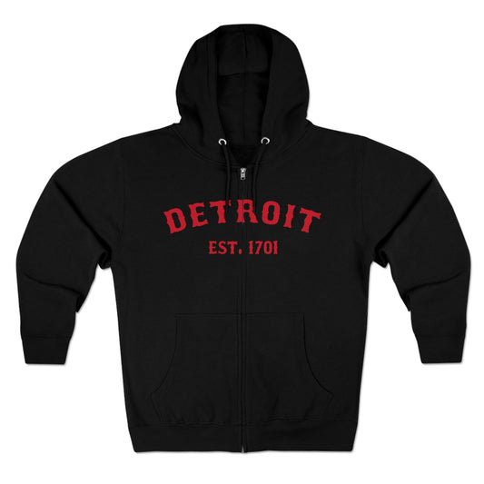 'Detroit EST. 1701' Hoodie (Aliform Red Ballpark Font) | Unisex Full Zip