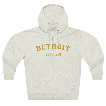 'Detroit EST. 1701' Hoodie (Gold Ballpark Font) | Unisex Full Zip