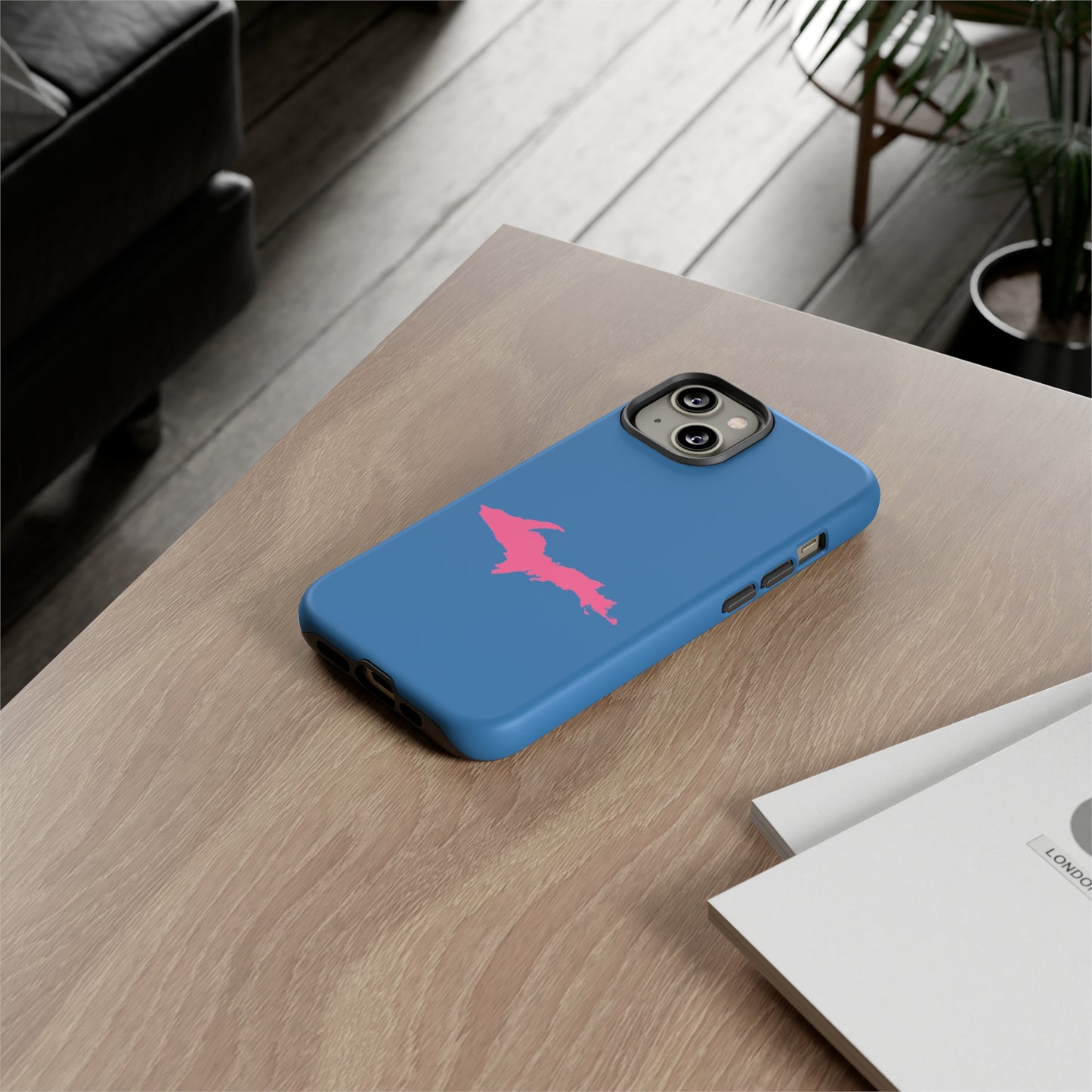 Michigan Upper Peninsula Tough Phone Case (Lake Superior Blue w/ Pink UP Outline) | Apple iPhone