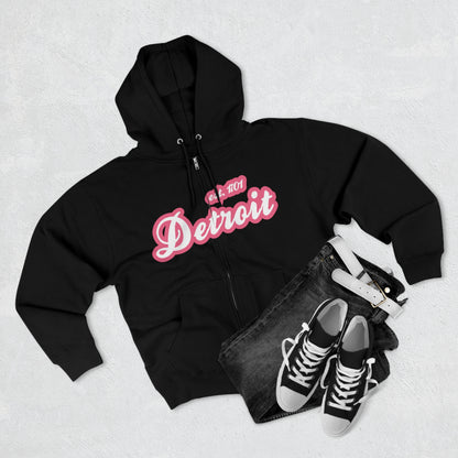 'Detroit EST 1701' Hoodie (Rhodochrosite Pink Script Font) | Unisex Full Zip