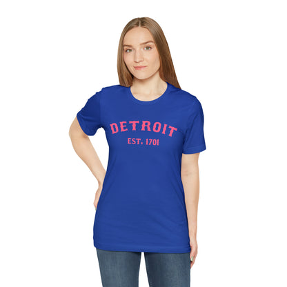 'Detroit EST. 1701' T-Shirt (Rhodochrosite Pink Ballpark Font) | Unisex Standard