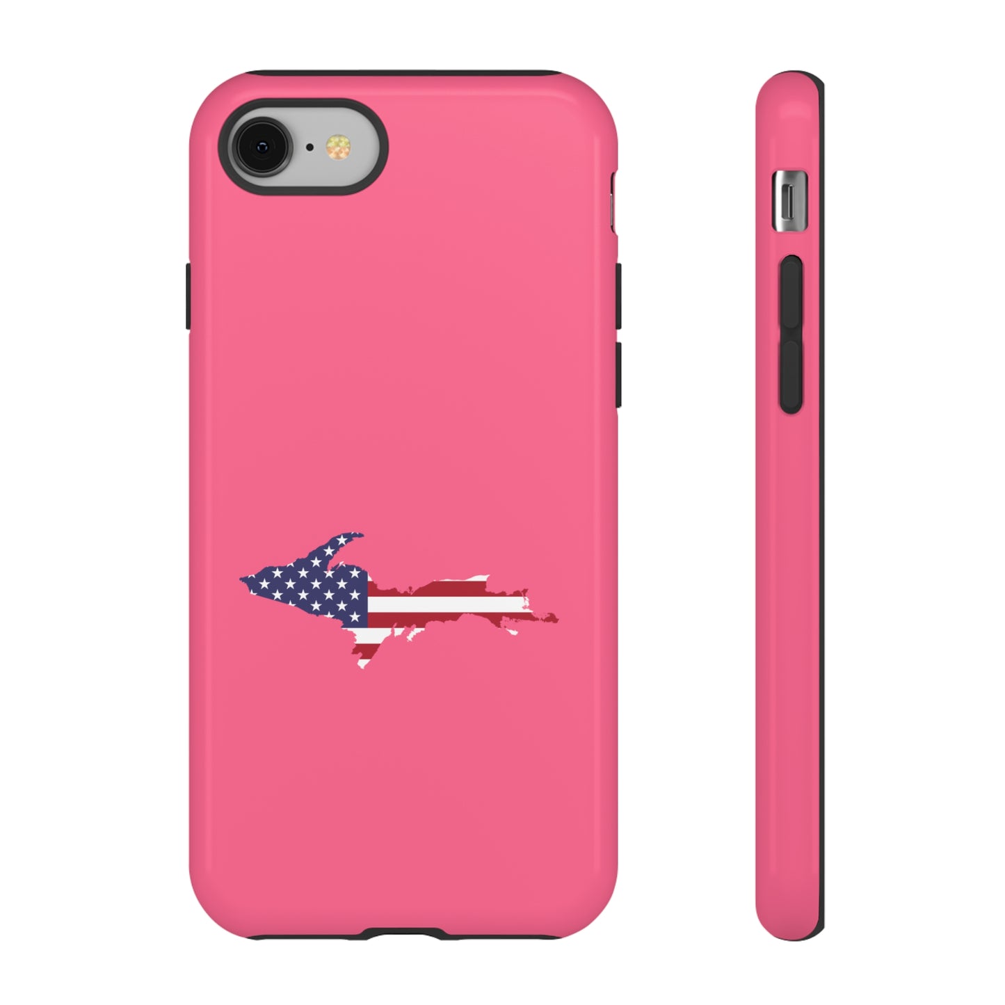 Michigan Upper Peninsula Tough Phone Case (Rhodochrosite Pink w/ UP USA Flag Outline) | Apple iPhone