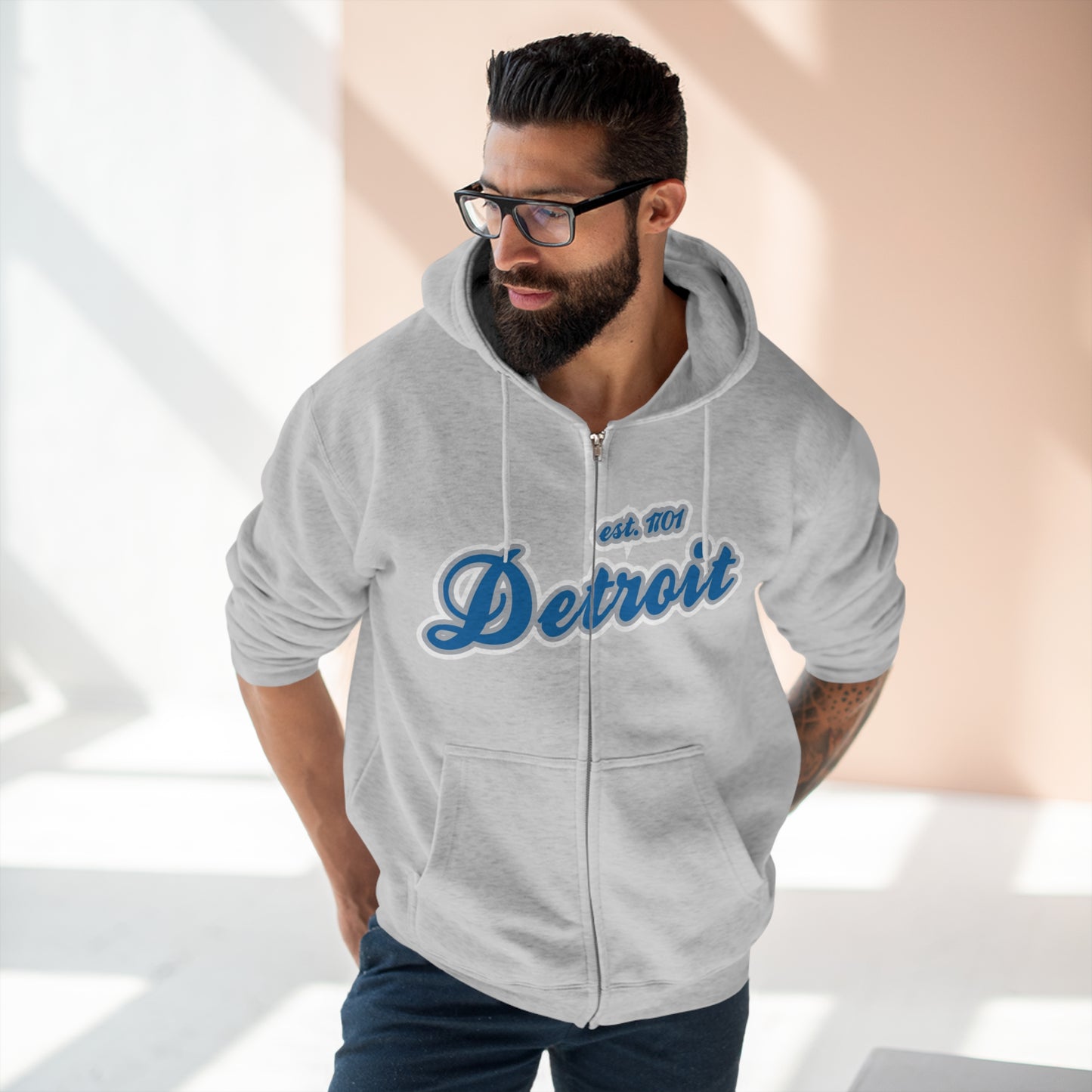 'Detroit EST 1701' Hoodie (Azure Script Font) | Unisex Full Zip