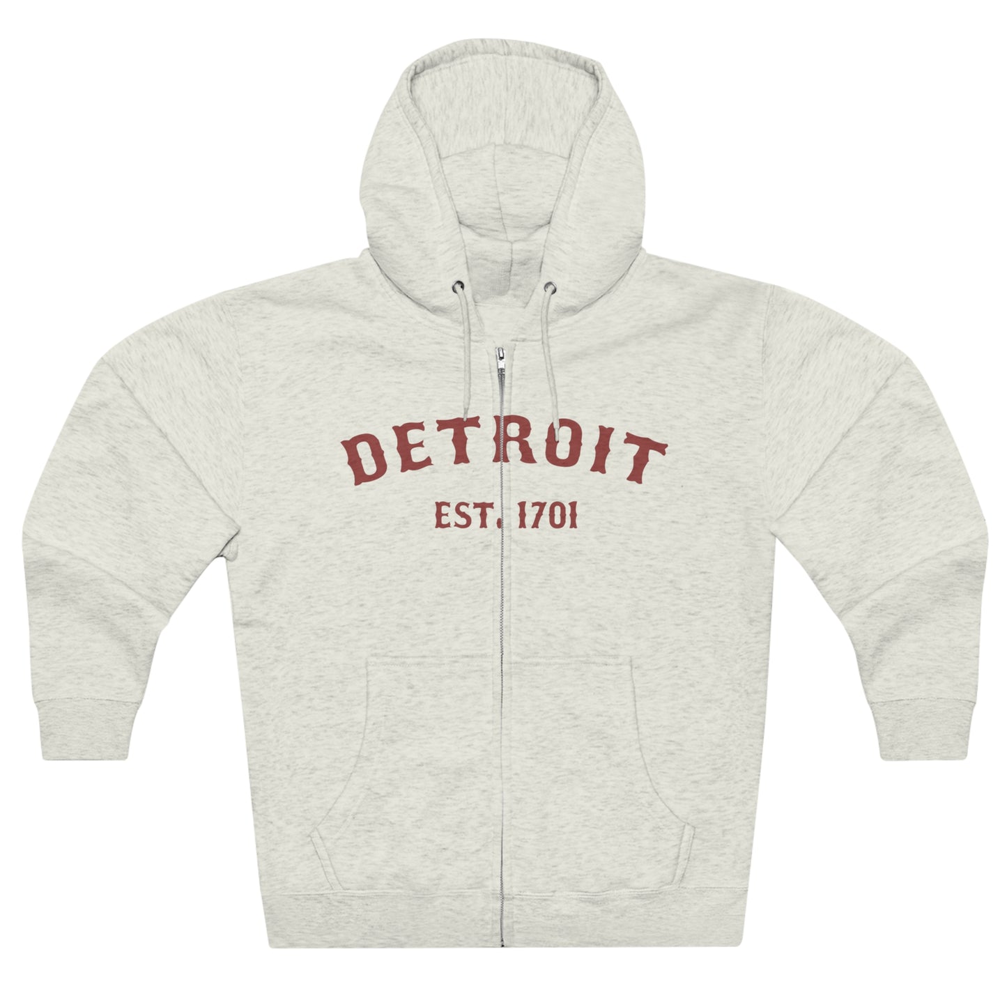 'Detroit EST. 1701' Hoodie (Ore Dock Red Ballpark Font) | Unisex Full Zip