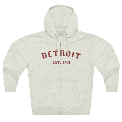 'Detroit EST. 1701' Hoodie (Ore Dock Red Ballpark Font) | Unisex Full Zip