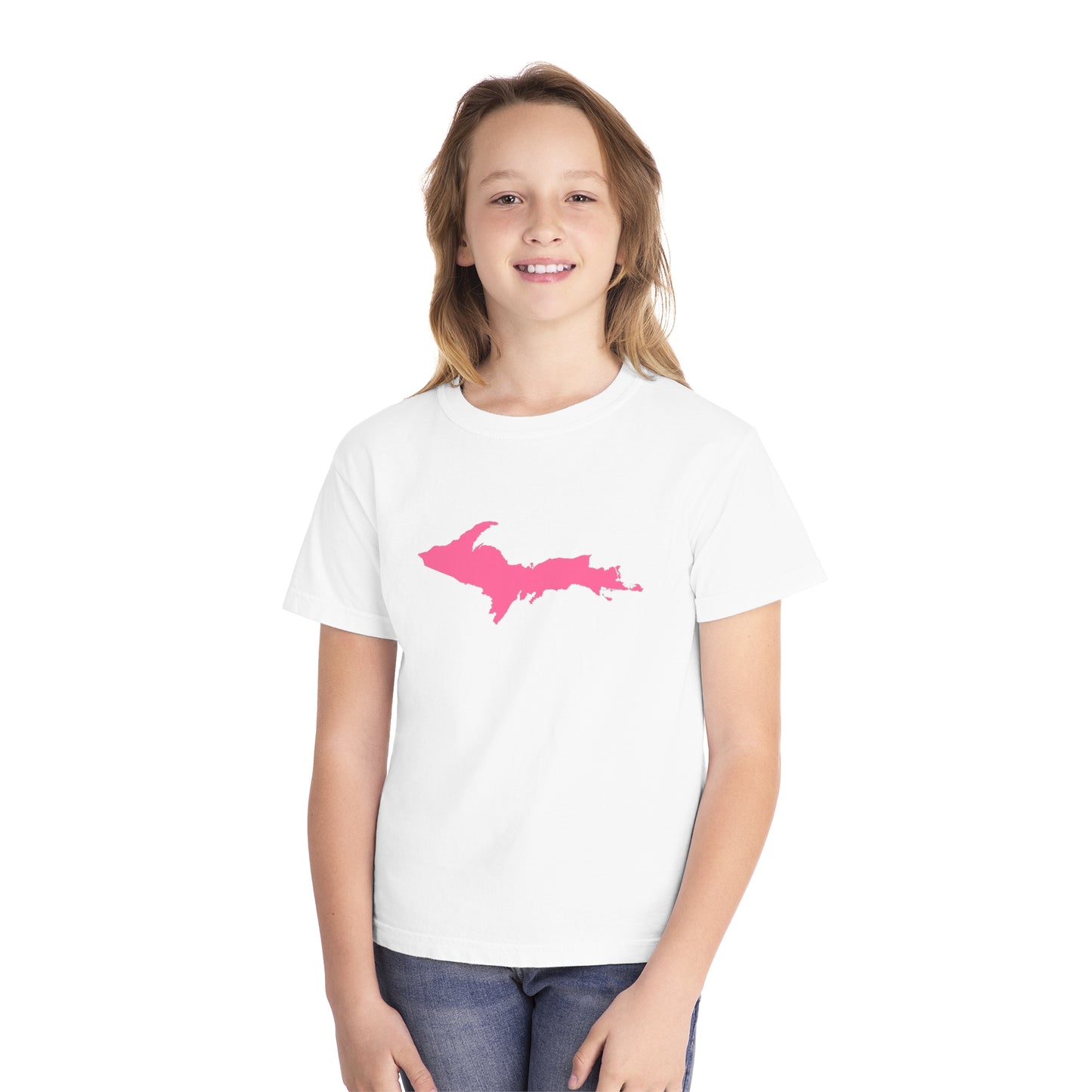 Michigan Upper Peninsula T-Shirt (w/ Pink UP Outline) | Youth Garment-Dyed