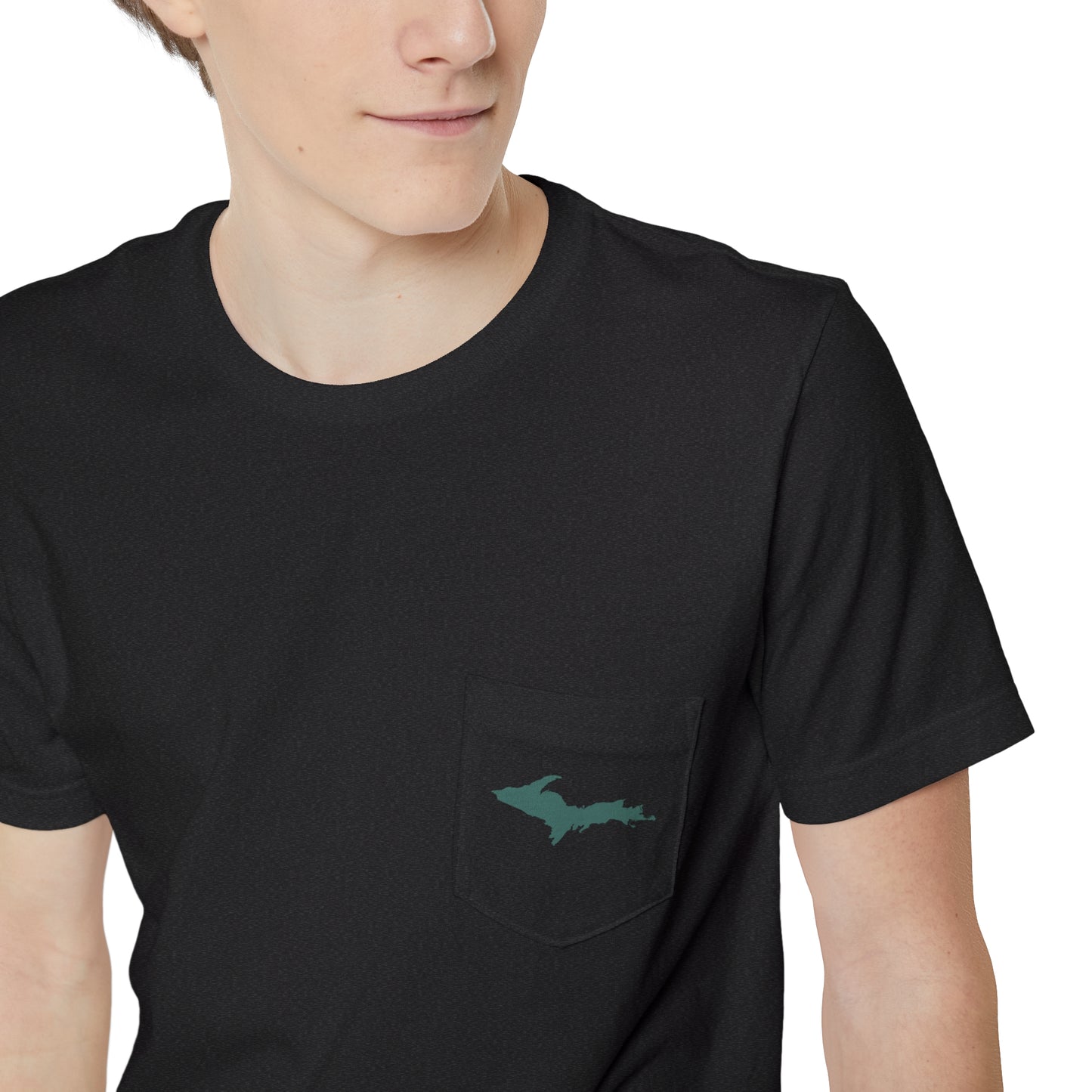 Michigan Upper Peninsula Pocket T-Shirt (w/ Copper Green UP Outline) | Unisex Standard