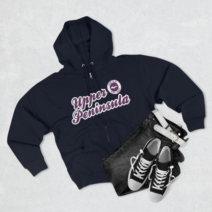 'Upper Peninsula EST 1837' Hoodie (Plum Script Font) | Unisex Full Zip