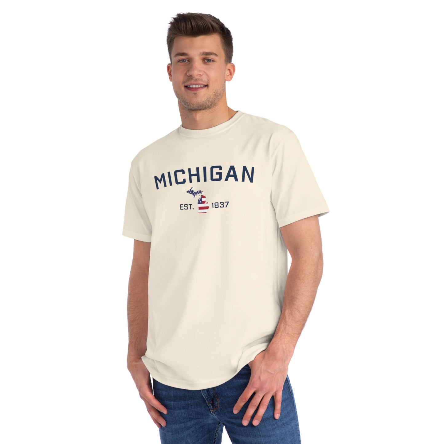 'Michigan EST 1837' T-Shirt (w/ MI USA Flag Outline)| Organic Unisex