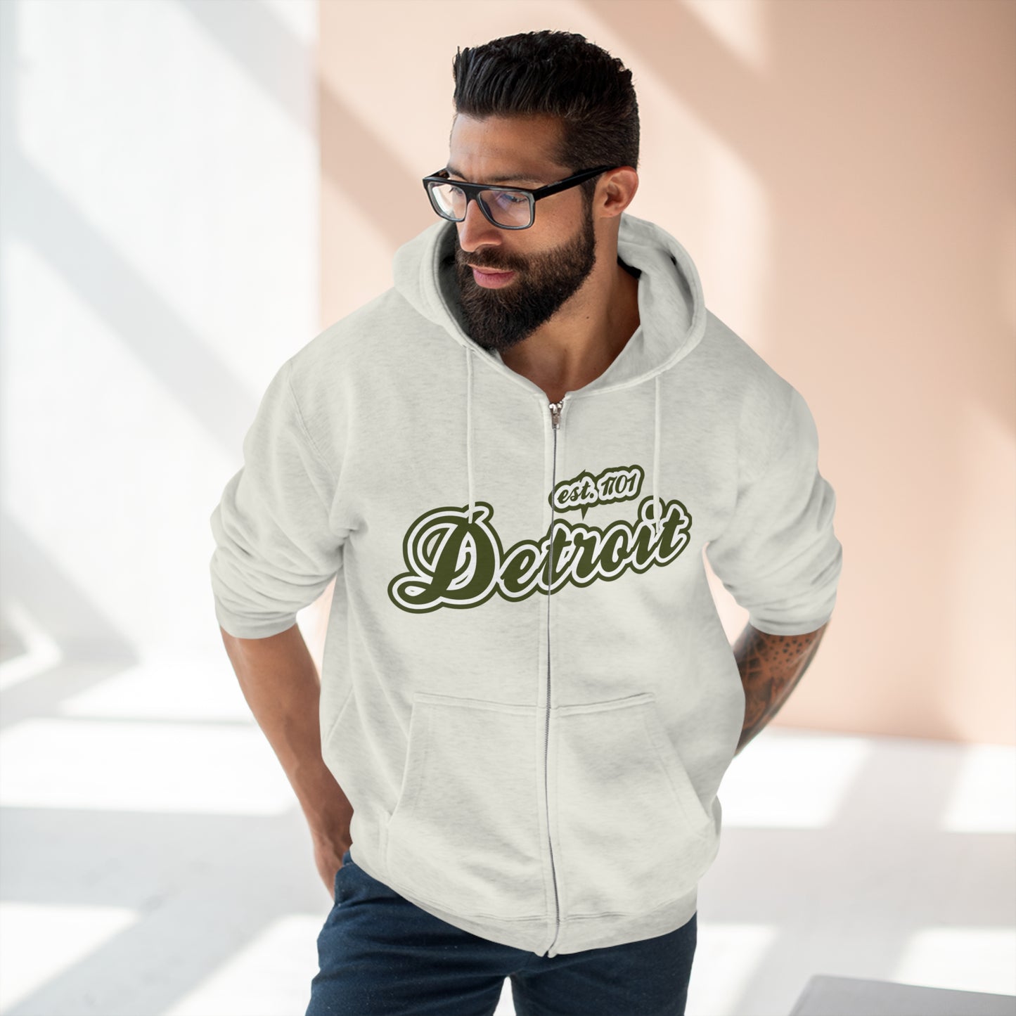 'Detroit EST 1701' Hoodie (Army Green Script Font) | Unisex Full Zip