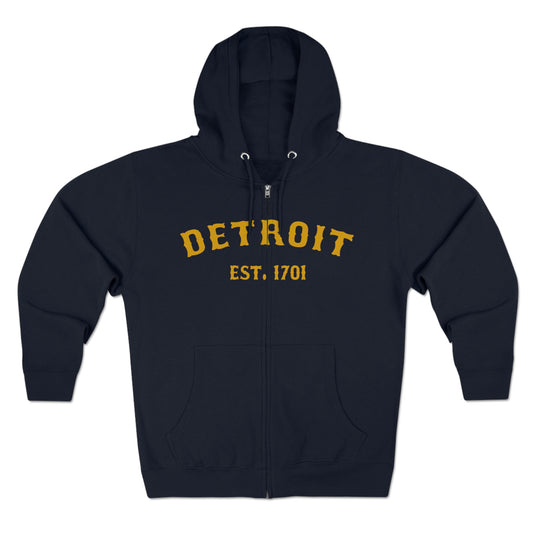 'Detroit EST. 1701' Hoodie (Gold Ballpark Font) | Unisex Full Zip