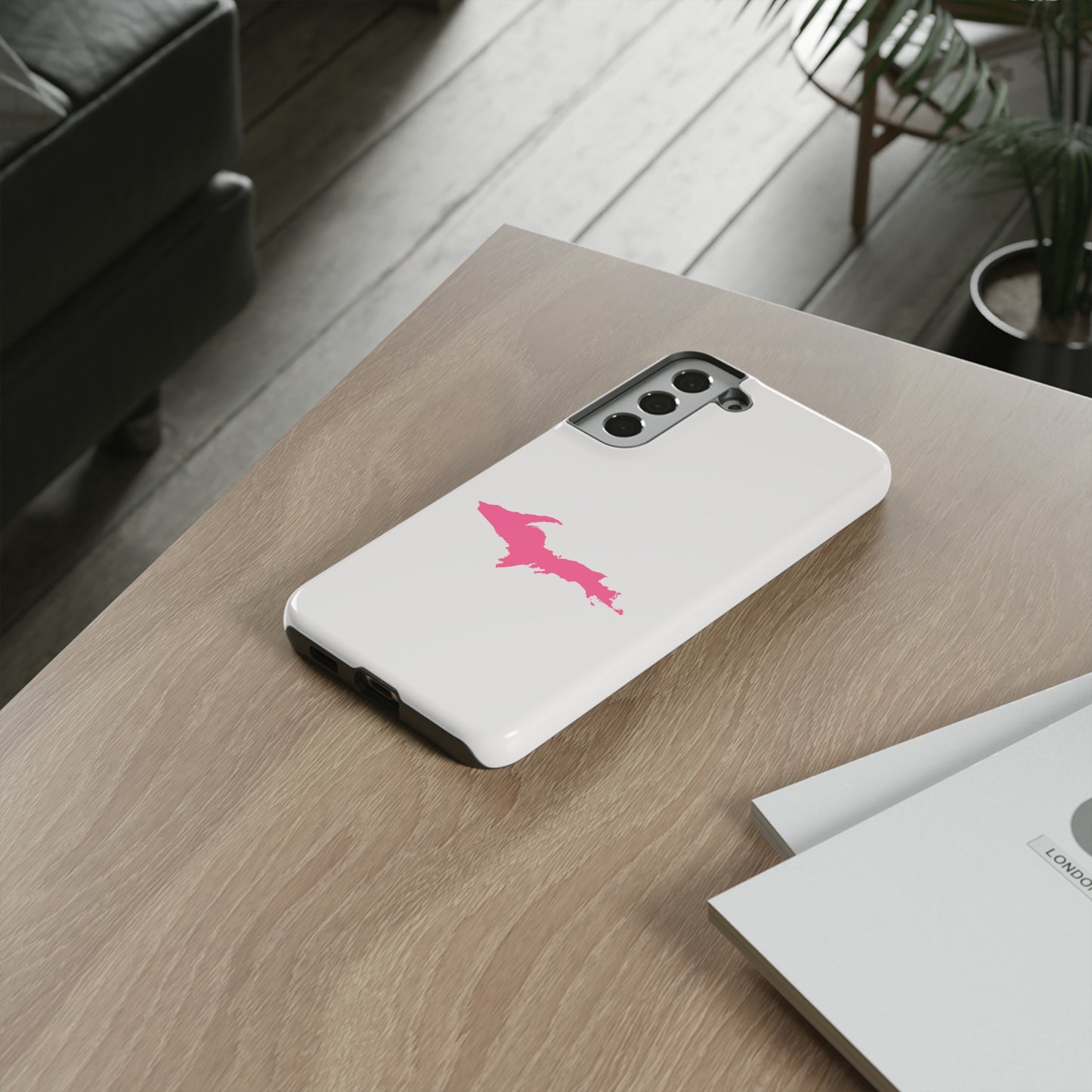 Michigan Upper Peninsula Tough Phone Case (Birch Bark White w/ Pink UP Outline) | Samsung & Pixel Android