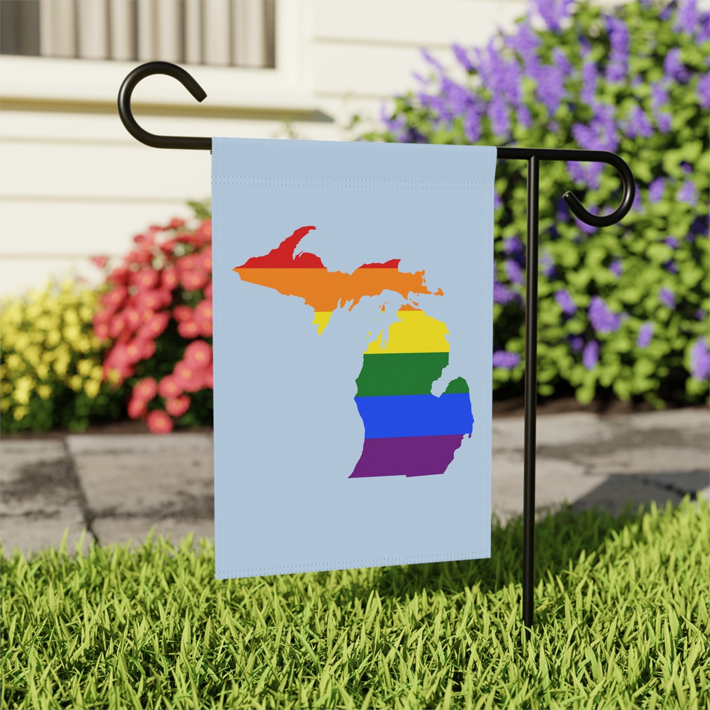 Michigan Rainbow Pride Home & Garden Flag (w/ MI Outline) | Light Blue