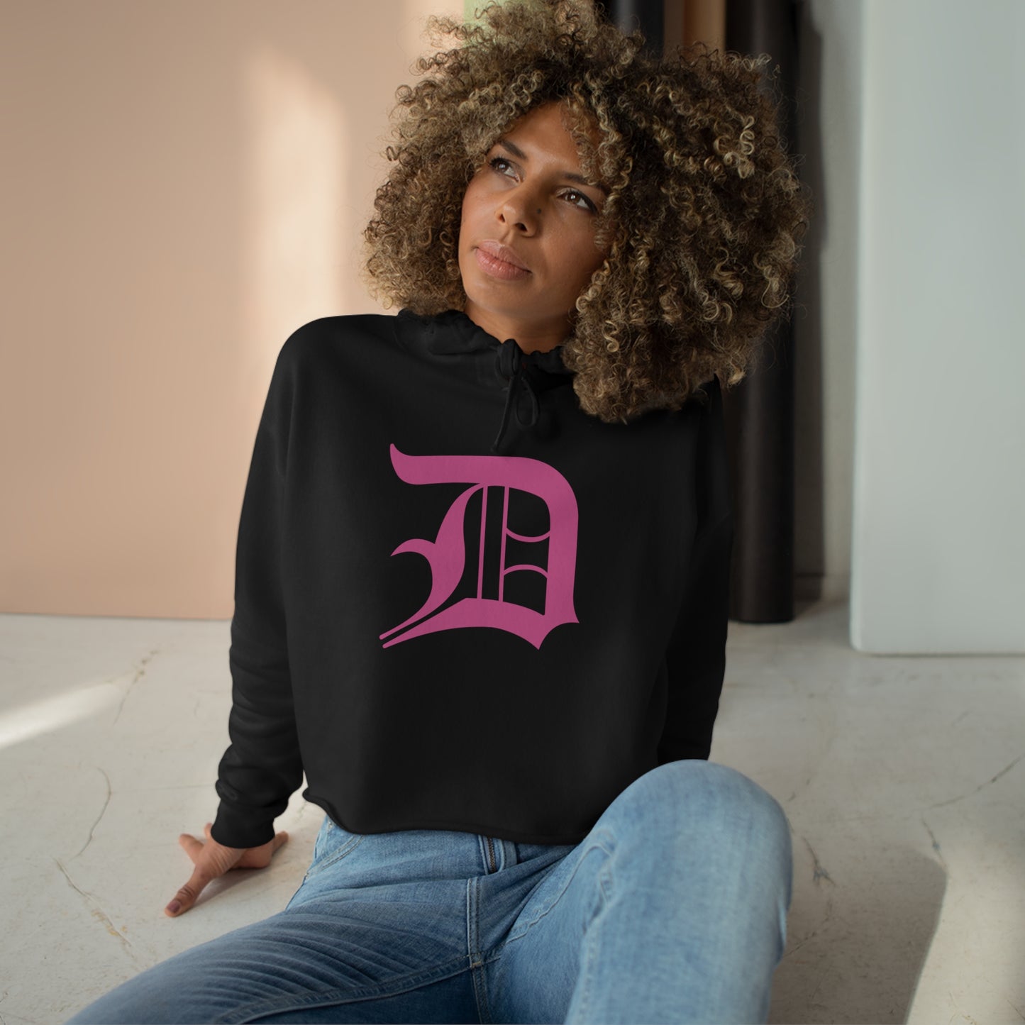 Detroit 'Old English D' Cropped Hoodie (Apple Blossom Pink)