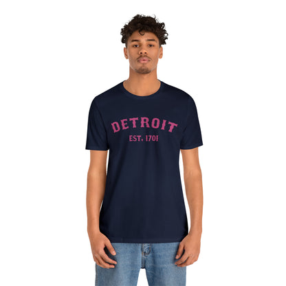 'Detroit EST. 1701' T-Shirt (Apple Blossom Pink Ballpark Font) | Unisex Standard