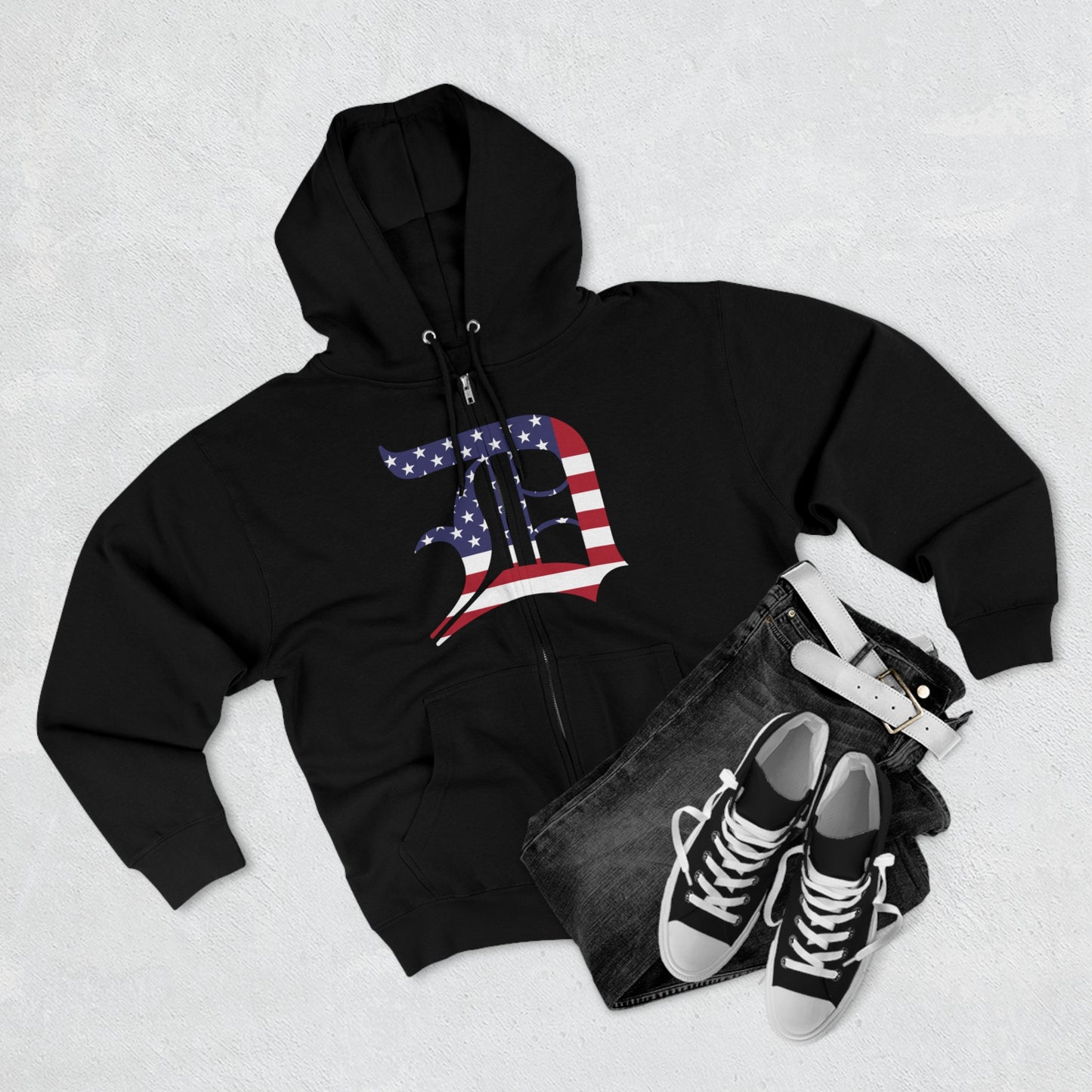 Detroit 'Old English D' Hoodie (Full-Body Patriotic Edition) | Unisex Full Zip