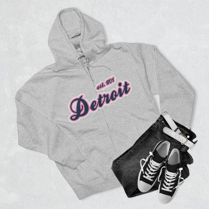 'Detroit EST 1701' Hoodie (Navy/Pink Script Font) | Unisex Full Zip