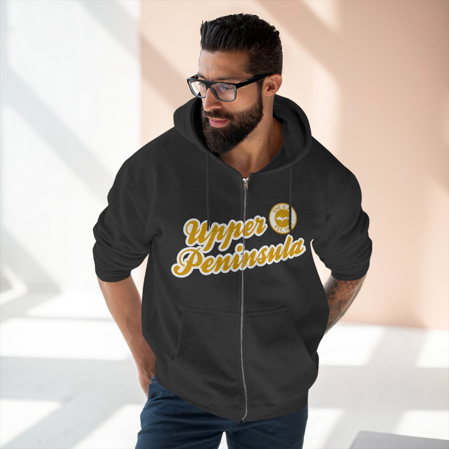 Upper Peninsula EST 1837' Hoodie (Gold Script Font) | Unisex Full Zip