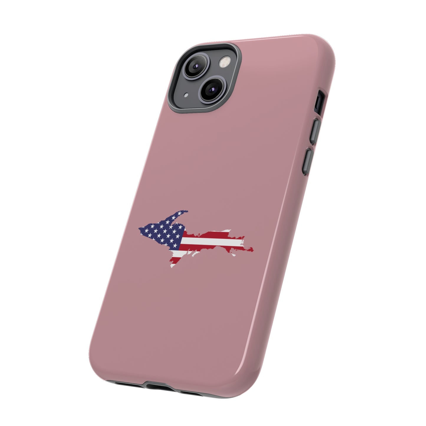 Michigan Upper Peninsula Tough Phone Case (Cherry Blossom Pink w/ UP USA Flag Outline) | Apple iPhone